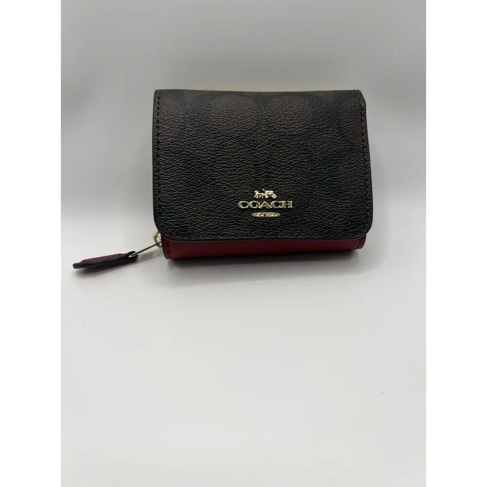 Coach Small Signature Monogram Canvas red leather Trifold Wallet mini compact